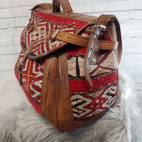 Moroccan Vtg Killim Leather Carry All Weekende - Picture 3 of 8